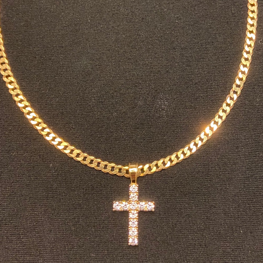 Gold Chain Cuban 4mm and Diamond Cross Pendant Set